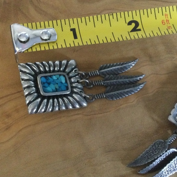 Signed Vintage Turquoise Silver Boho Feather Post Earrings - Picture 5 of 7